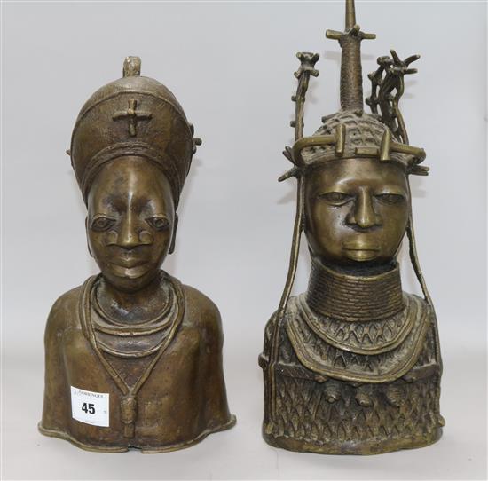 Two Benin bronze heads, 20th century, heights 40.5cm & 35cm